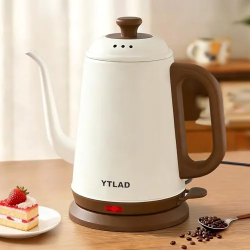 YTLAD Gooseneck Electric Kettle 1L, 1000W Fast Boiling for Pour-Over Coffee & Tea, 304 Stainless Steel BPA-Free, Precise Flow Spout, Auto Shut-Off & Boil-Dry Protection, Retro Style (White)