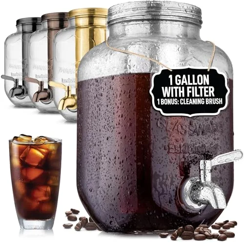 Zulay 1 Gallon/128oz Cold Brew Maker – Thick Glass Cold Brew Pitcher with Stainless Steel Filter, Lid & Spout – Large Cold Brew Coffee Maker - Iced Coffee & Sun Tea Pitcher for Fridge – Silver