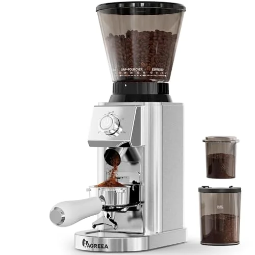 IAGREEA Coffee Grinder for Home Use, Conical Burr Espresso Grinder 48 Grind Settings, 450RPM Low-Speed Anti-Static, Precision Timer for Espresso, Drip, French Press, Cold Brew, Metallic Silver