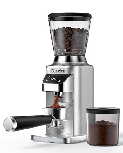 Cusinice Conical Burr Coffee Grinder for Home Use, Anti-Static Espresso Grinder with 34 Grind Settings, 40mm Stainless Steel Burr, 0.1s Timer, Portafilter Holder, Touchscreen, Silver