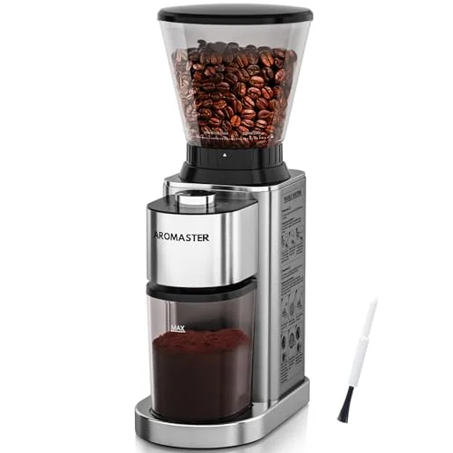 Aromaster Conical Coffee Bean Grinder with 48 Gind Settings,Burr Coffee Grinder for Home Use,Stainless Steel,40 Seconds Adjustable Timer,Anti-static,Easy to Clean with Brush,Silver