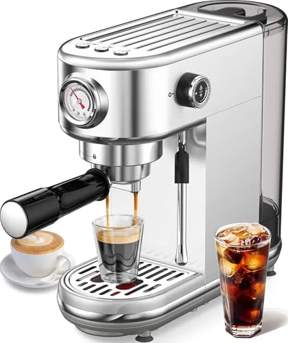 atatix Espresso Machine with Milk Frother, 20 Bar Pressure Espresso Maker, with 44OZ Removable Tank, Compact Stainless Steel Coffee Machine for Home, Office, Latte, Cappuccino, Macchiato, Silver