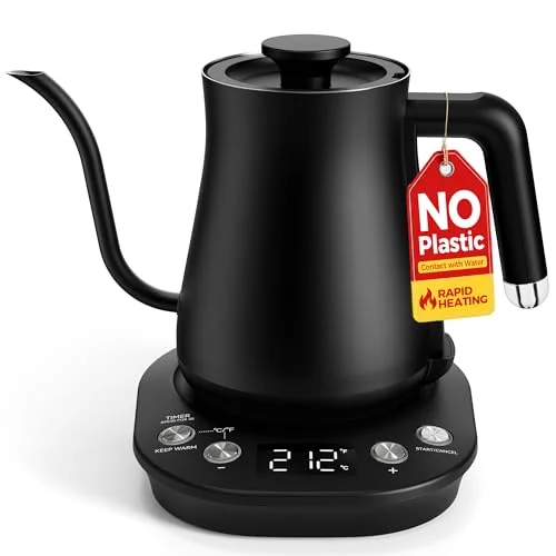 Mooye Gooseneck Electric Kettle with ±1℉ Temperature Control, 304 Stainless Steel Interior, BPA Free, 1200 Watt Rapid, Brew Timer, Automatic Shut Off for Pour Over Coffee, Brew Tea（Matte Black）