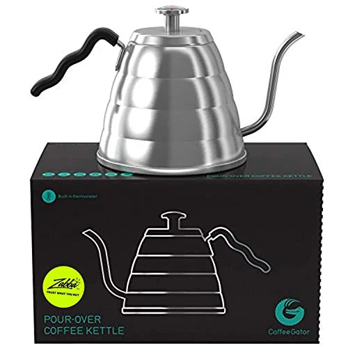 Coffee Gator Gooseneck Kettle with Thermometer - 34oz Premium Stainless Steel Pour Over Coffee Maker Kettle, Stove Top, w/Precision Drip Spout, for Drip Coffee, French Press, Tea Kettle, 4 Cup, 1L