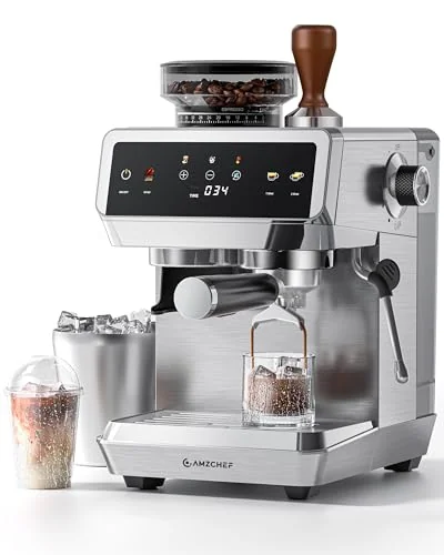 AMZCHEF Espresso Machine With Grinder, 190℉-201℉ Temp Control Coffee machine with 44 Grind Setting, Milk Frother, Touch Screen, Cold Brew, Sliver